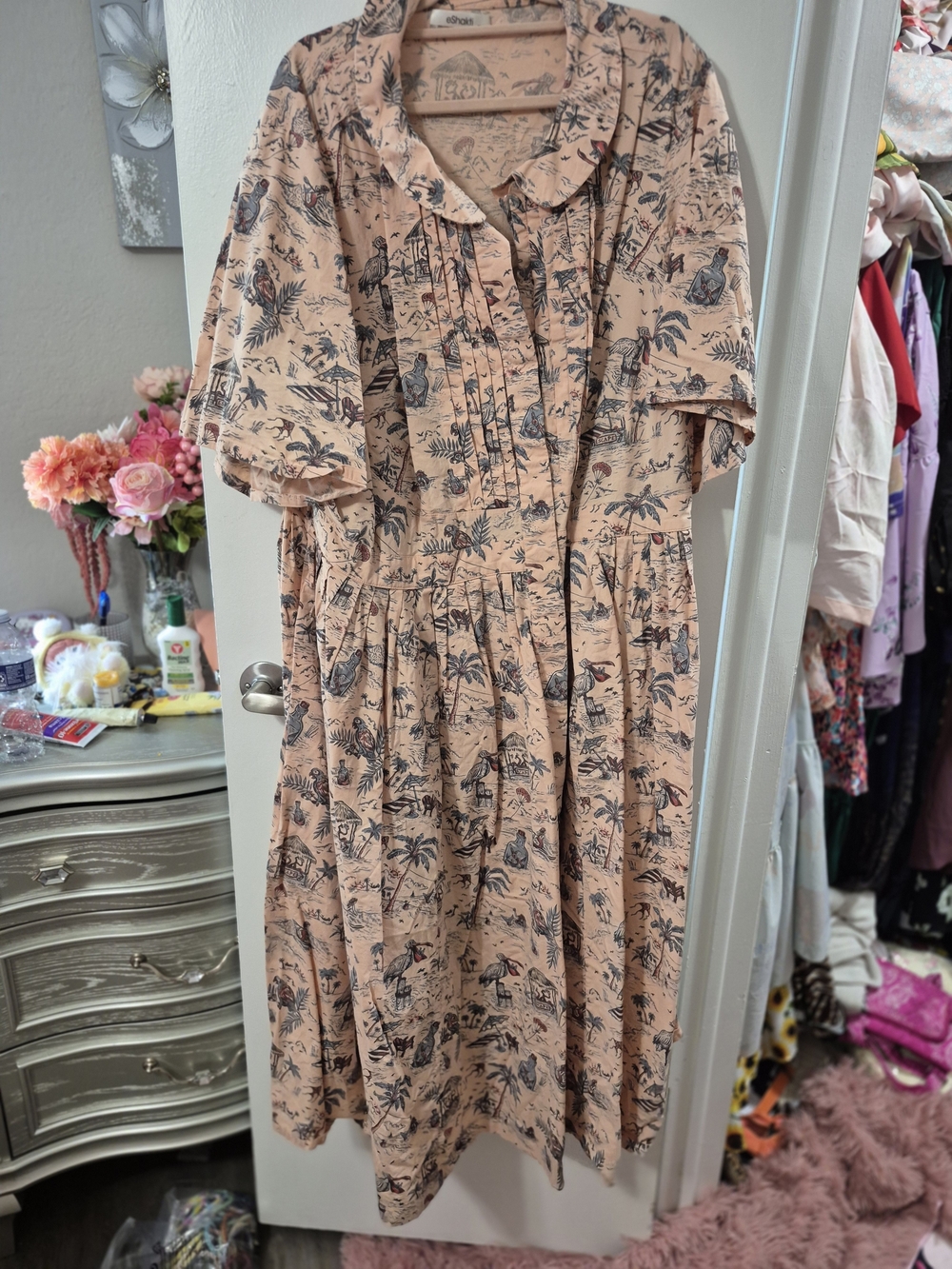 eshakti Peach Printed Collared Midi Dress with Scenic Motif